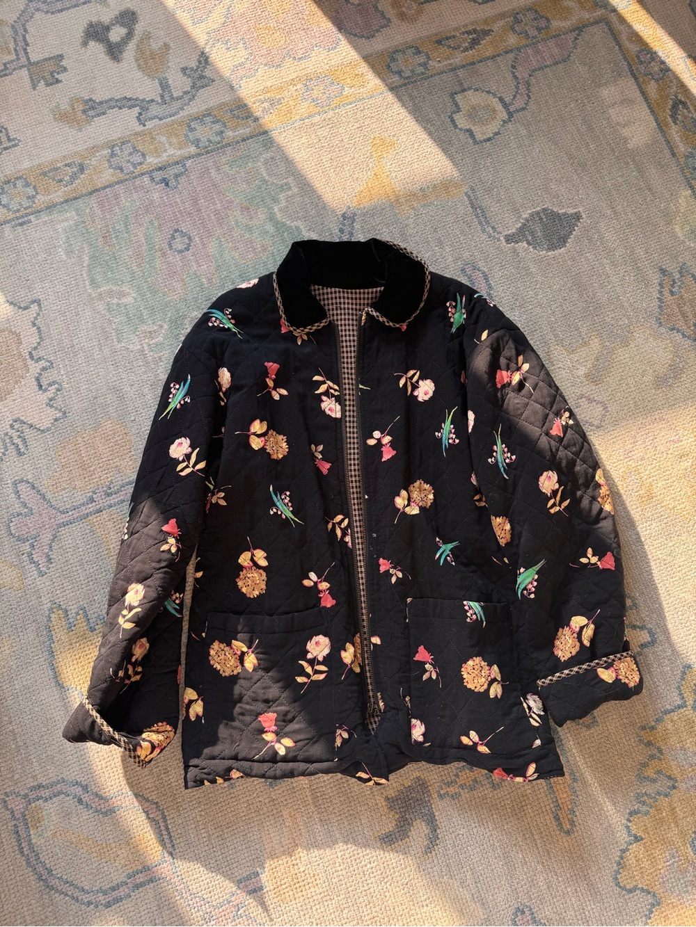 Vintage Black Quilted Floral Puffer Jacket